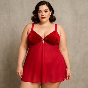 Cacique‎ Lane Bryant Red Velvet Sheer Babydoll Nightie Lingerie Plus Size 14/16